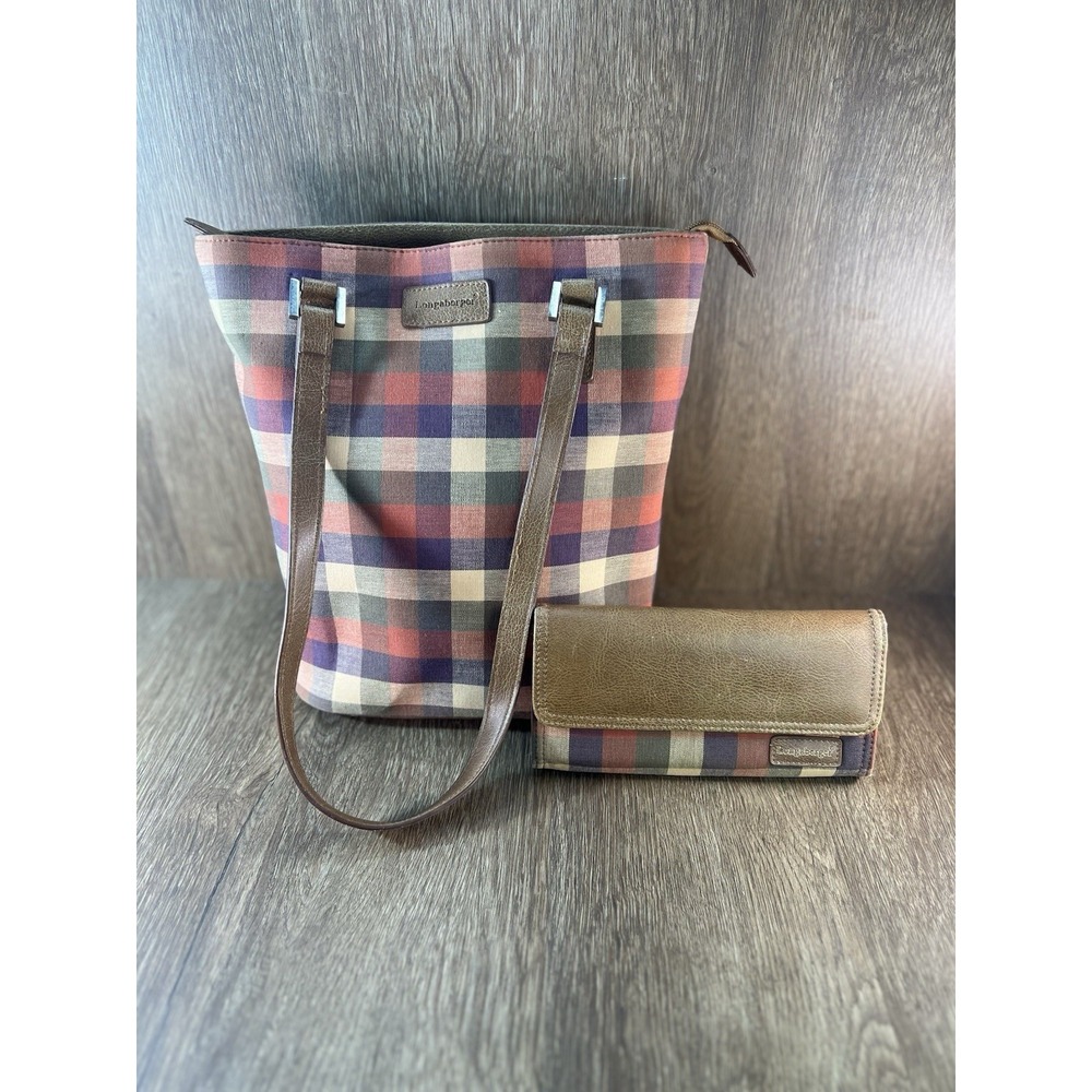 Longaberger Plaid Tote Bag and Matching Wallet Set Brown Red Multi-Color